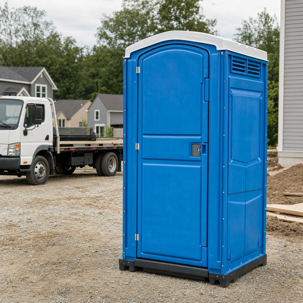 Delivery driver positioning a clean royal-blue portable toilet on level ground at a Manchester worksite