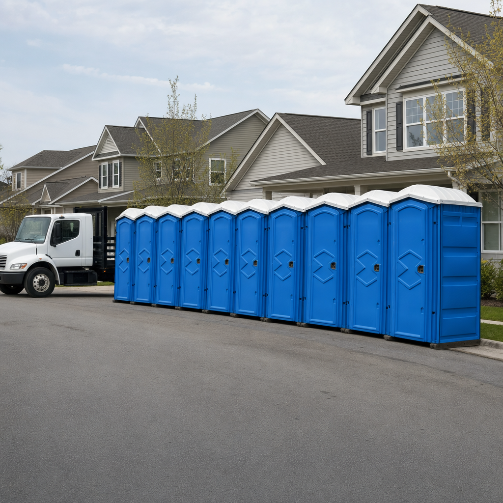 Royal blue portable toilets staged in a tidy row at a Manchester jobsite, ready for delivery